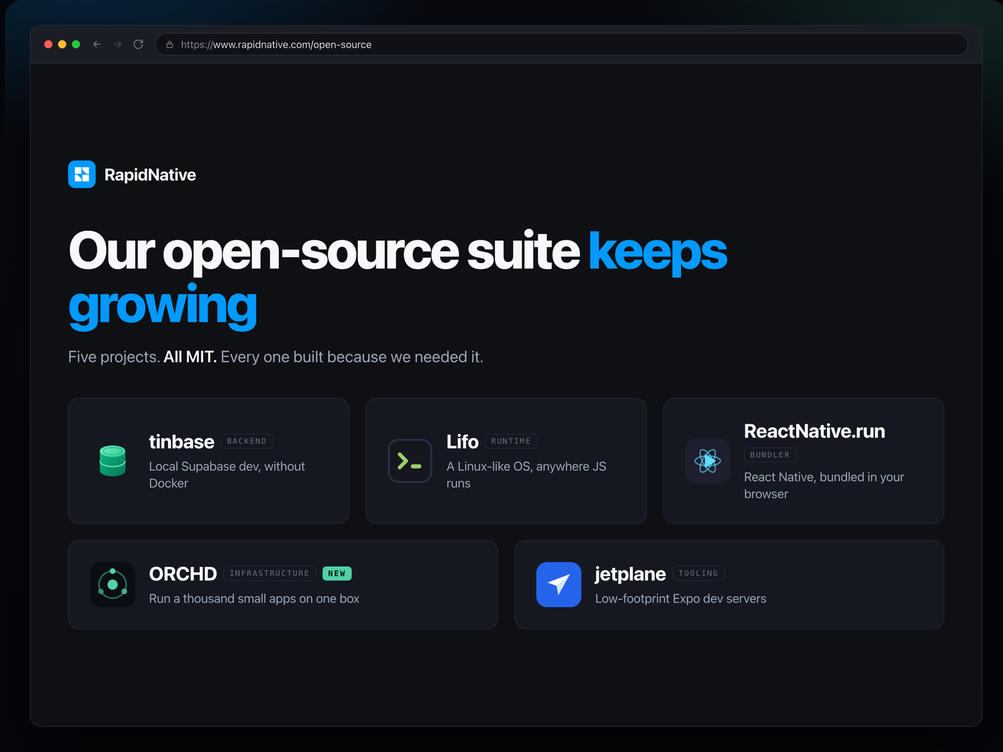 RapidNative's open source page: tinbase, Lifo, ReactNative.run, ORCHD and jetplane
