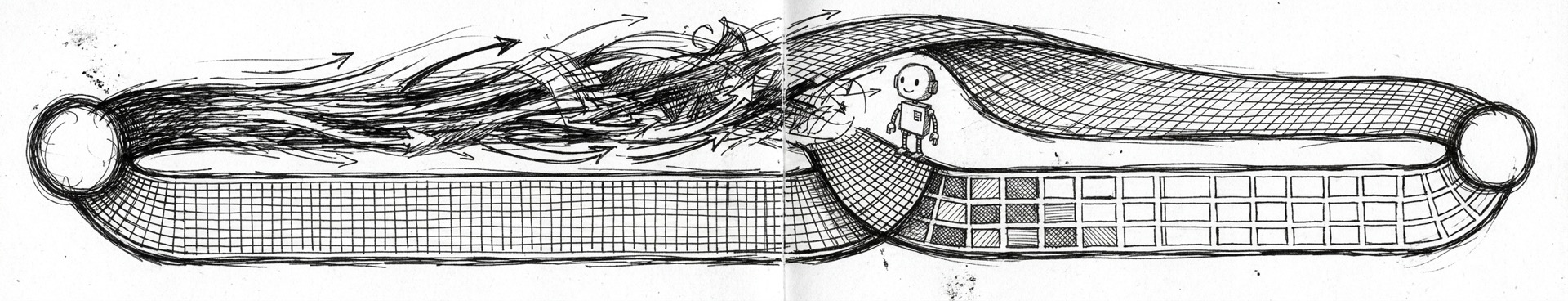 Cover: two pathways diverging across a wide ballpoint-pen sketch with a small robot mascot at the junction
